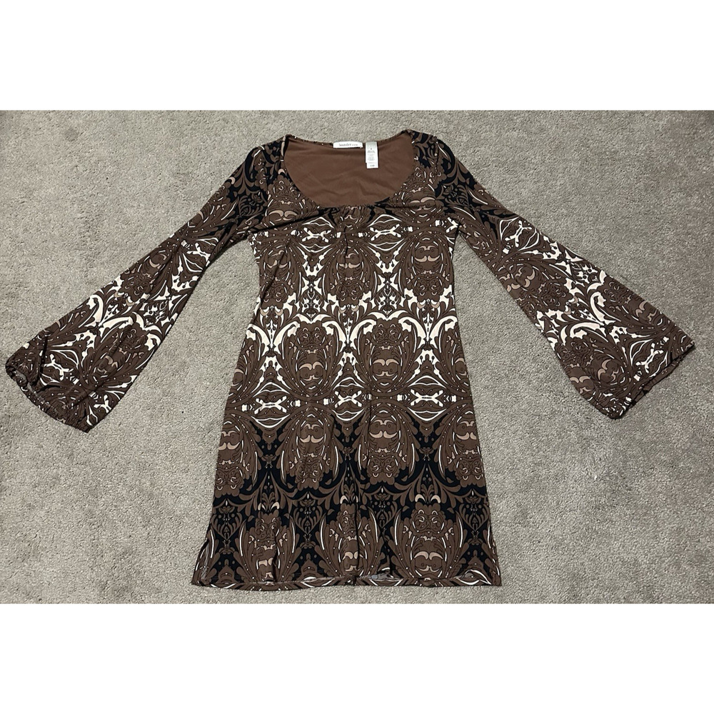 Laundry by Shelli Segal Brown Damask Print Bell Sleeve Mini Dress Size 8